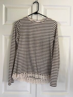 Striped Long Sleeve Top with Lace Hem